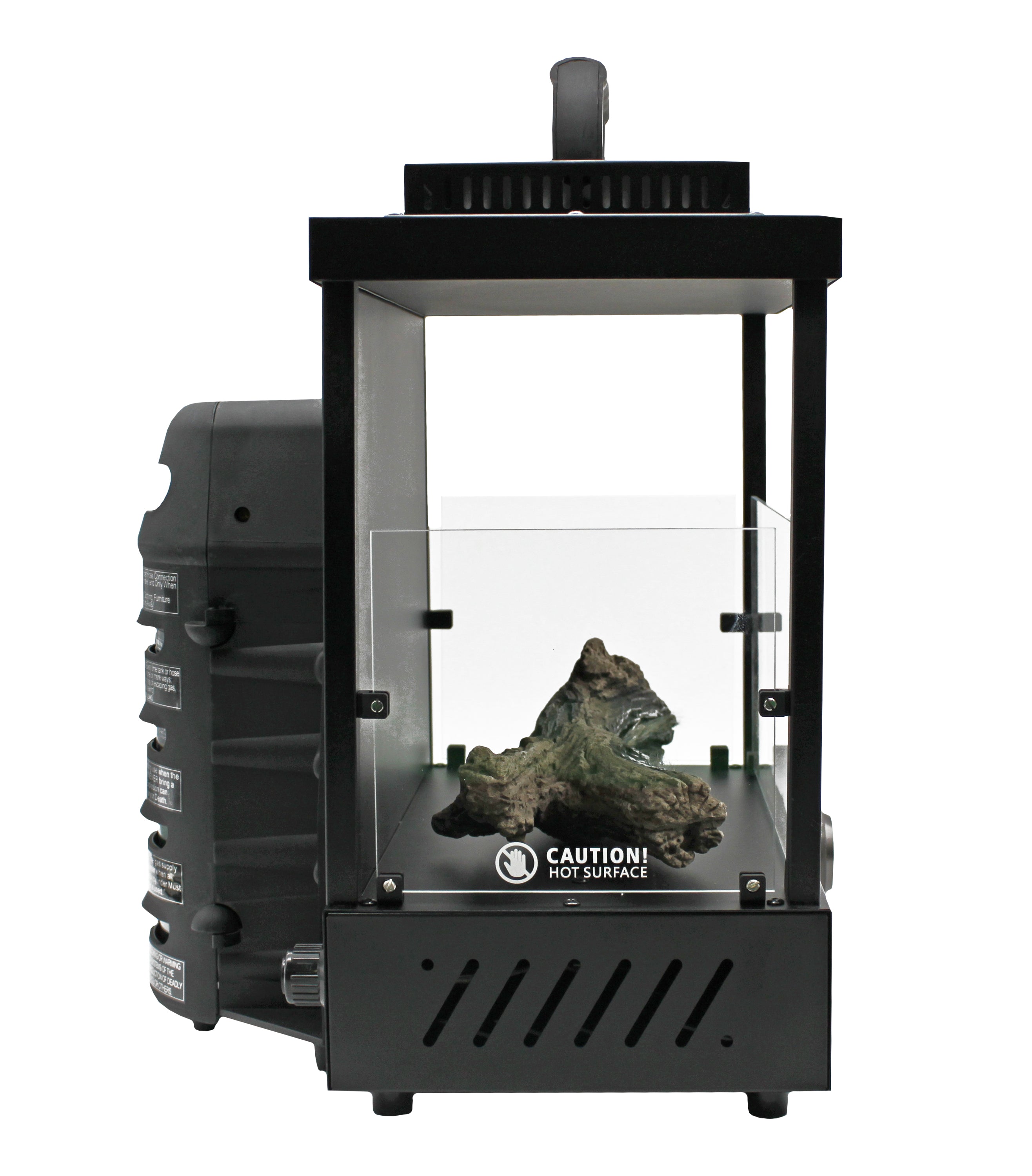 Portable Flame King Propane ALOGFIRE fireplace heater for indoor and outdoor camping, showing a compact, flame-lit camping heater.