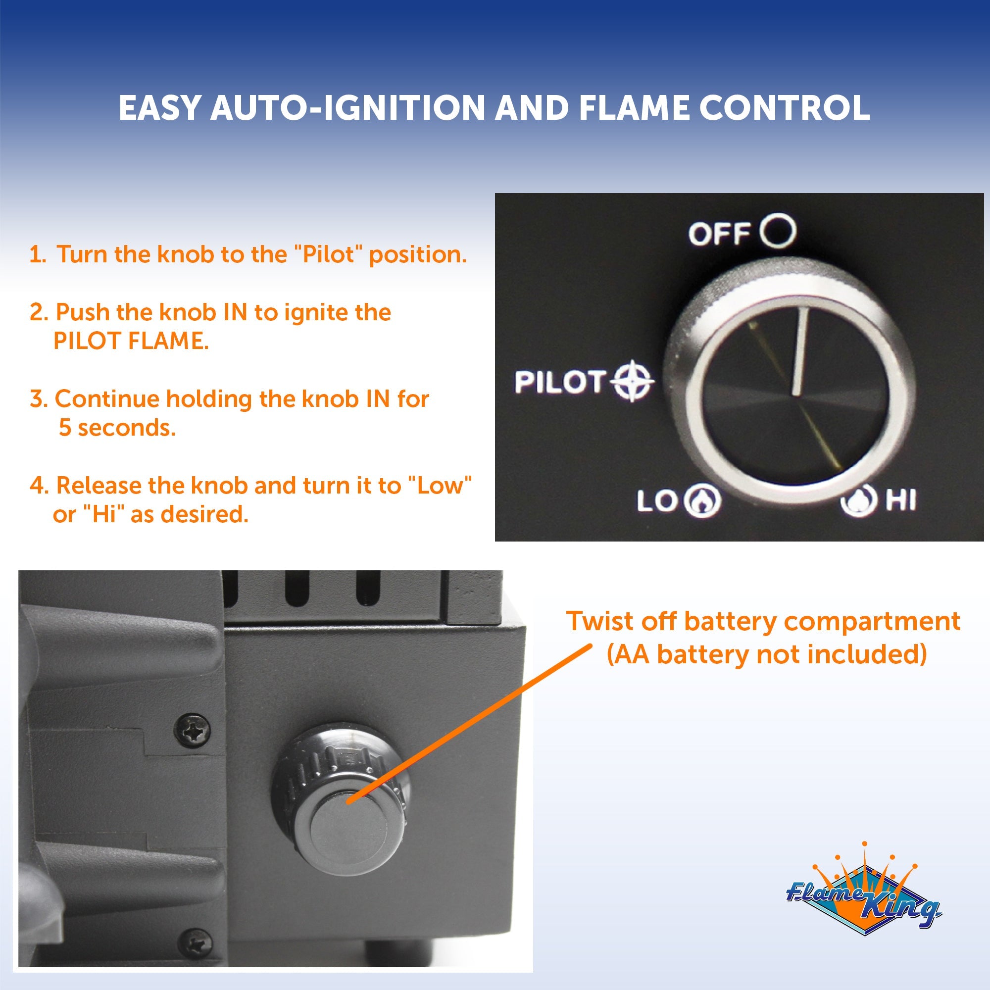 Portable Flame King propane fireplace heater for indoor and outdoor camping, with a sleek metal design and adjustable flames.
