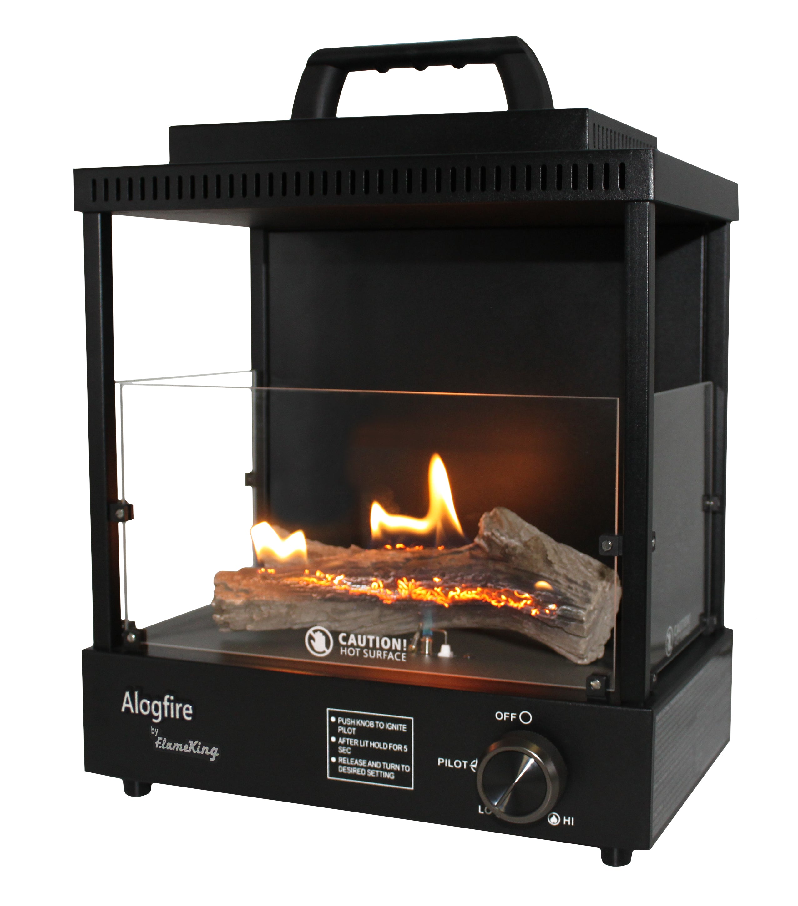 Portable Flame King ALOGFIRE propane fireplace heater, suitable for indoor and outdoor camping, with a sleek black design