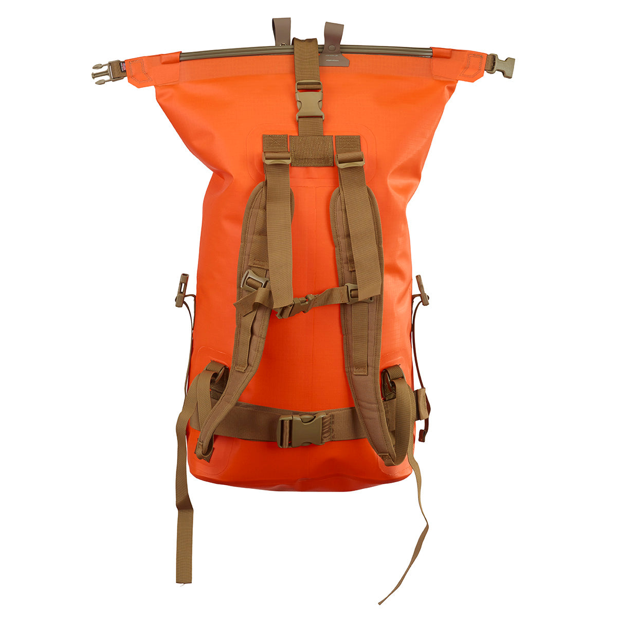 An orange waterproof roll-top backpack with tan straps and buckles, shown from the back against a plain white background.