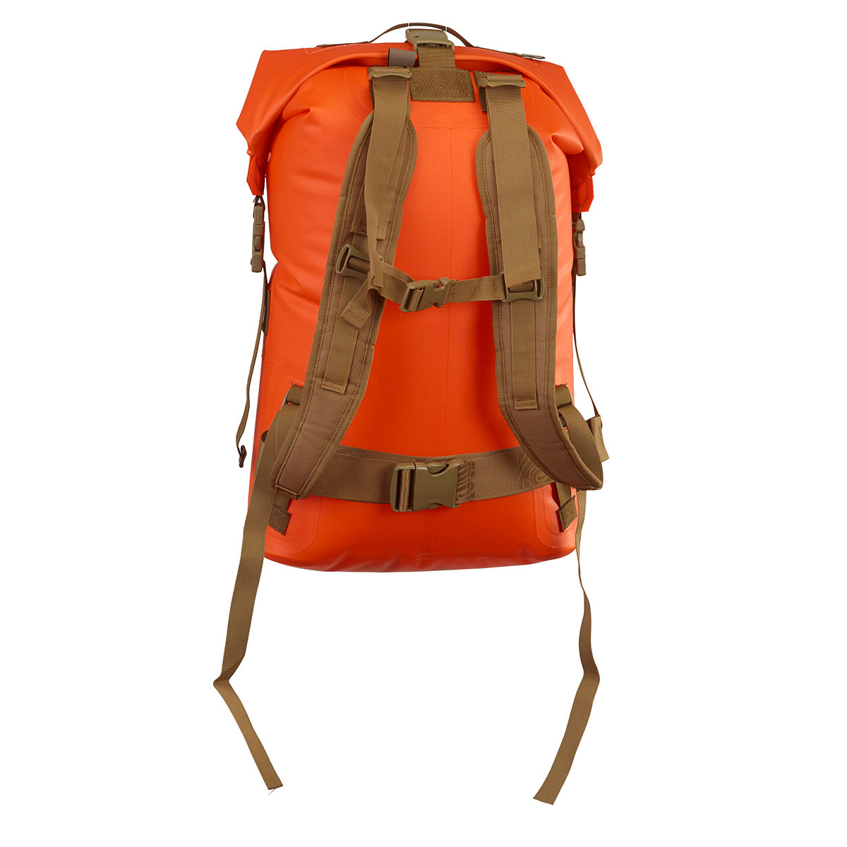 Bright orange waterproof backpack shown from the back, featuring tan webbing straps, buckles, and compression straps on a plain white background.