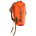 An orange waterproof dry bag backpack with brown straps and buckles, shown from the back against a plain white background.