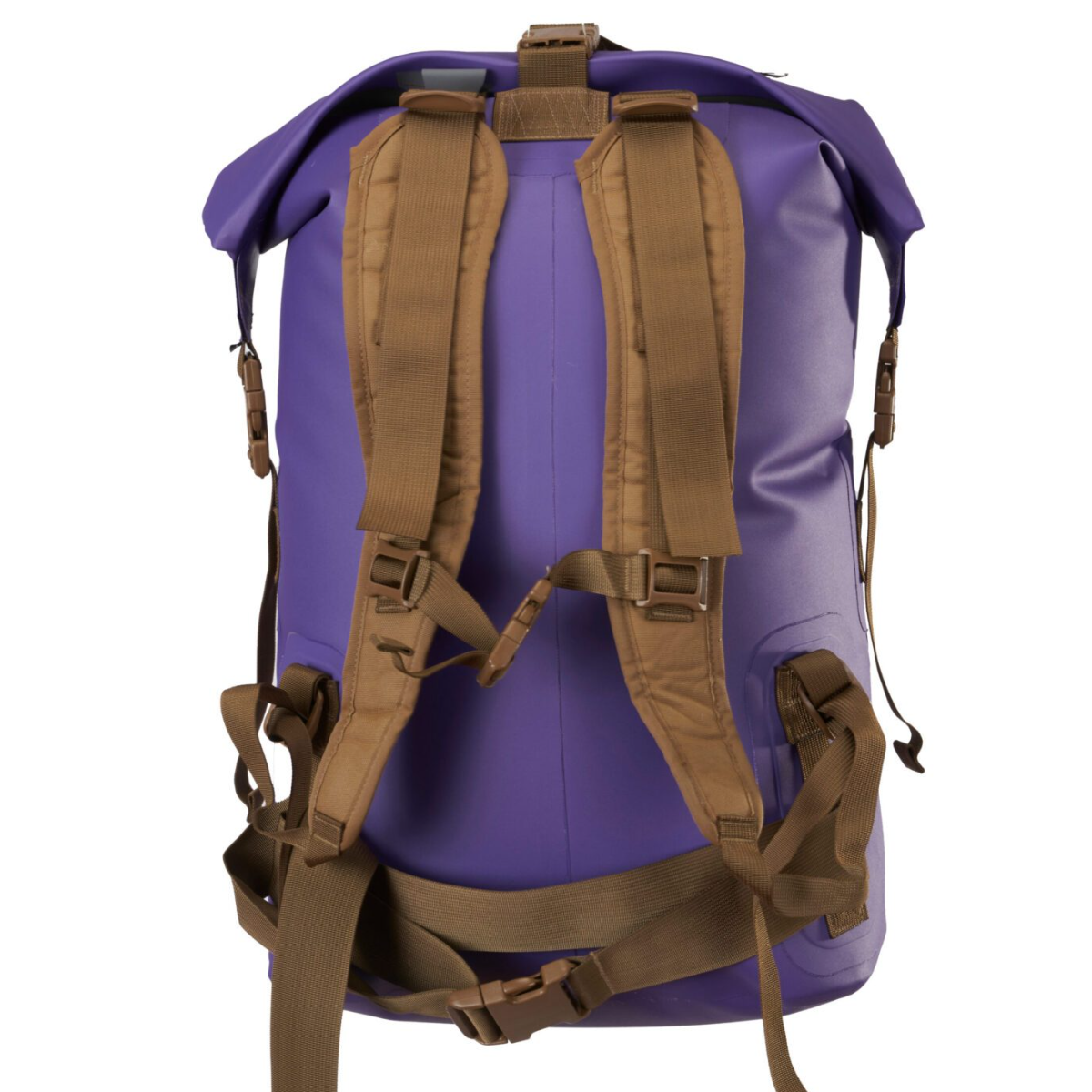 The back view of a purple roll-top backpack with tan webbing straps and padded shoulder straps, shown against a plain white background.