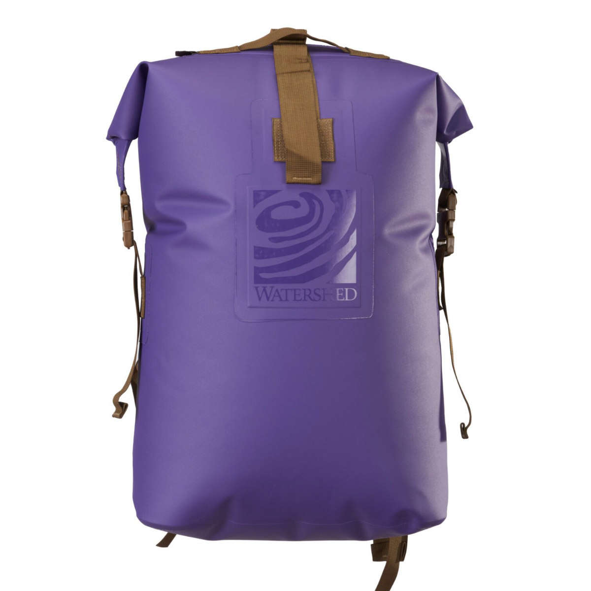 A purple waterproof backpack roll-top bag with tan straps and a clear front logo patch reading Watershed, shown on a plain white background.