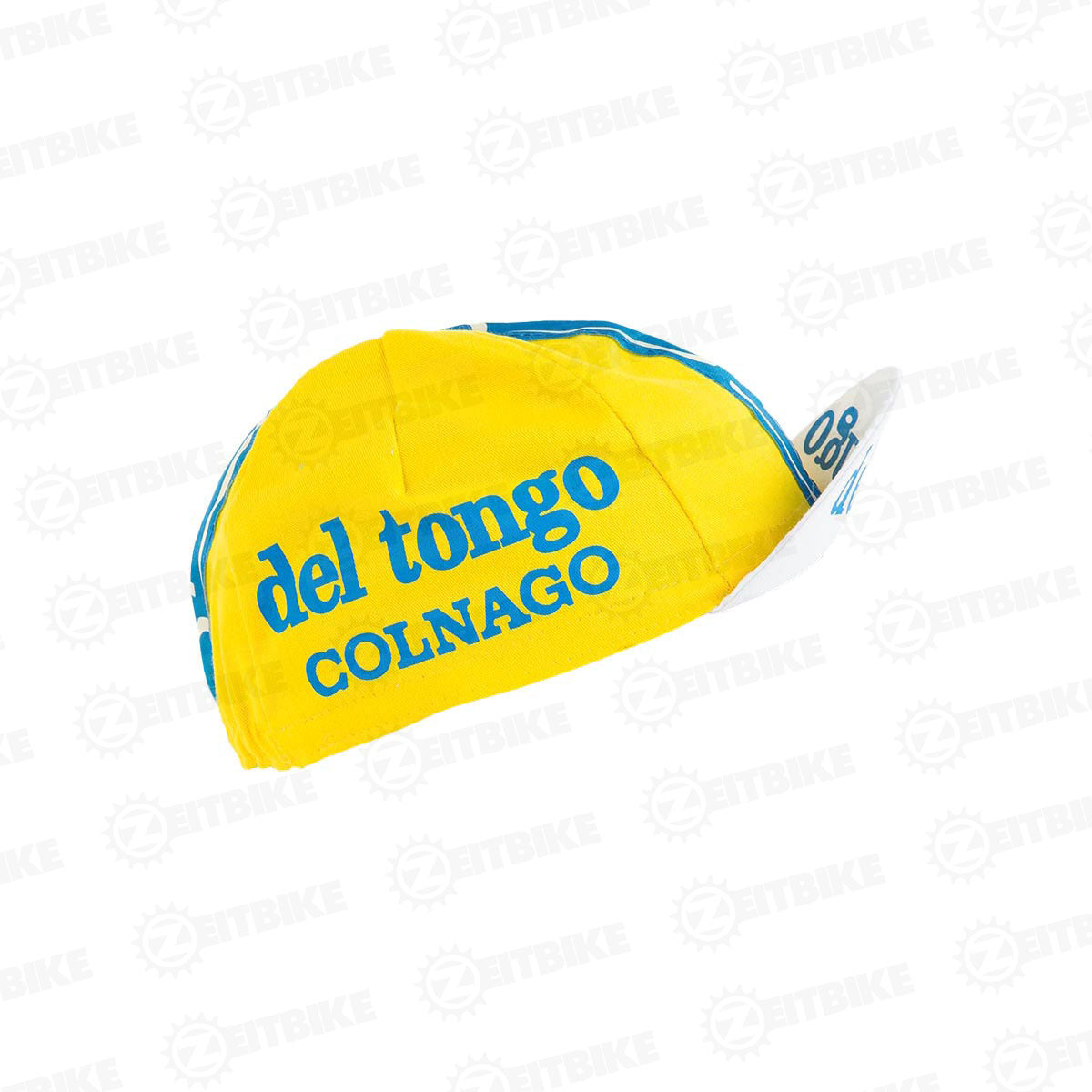 ZEITBIKE vintage Del Tongo cycling cap featuring a classic design, shown from the side with vibrant colors and logo details.