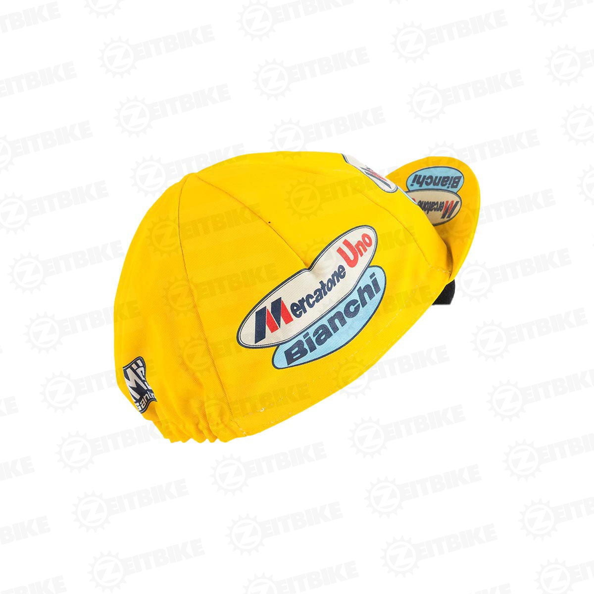 Vintage ZEITBIKE cycling cap with Mercatone logo, featuring classic design and fabric texture, viewed from the back.