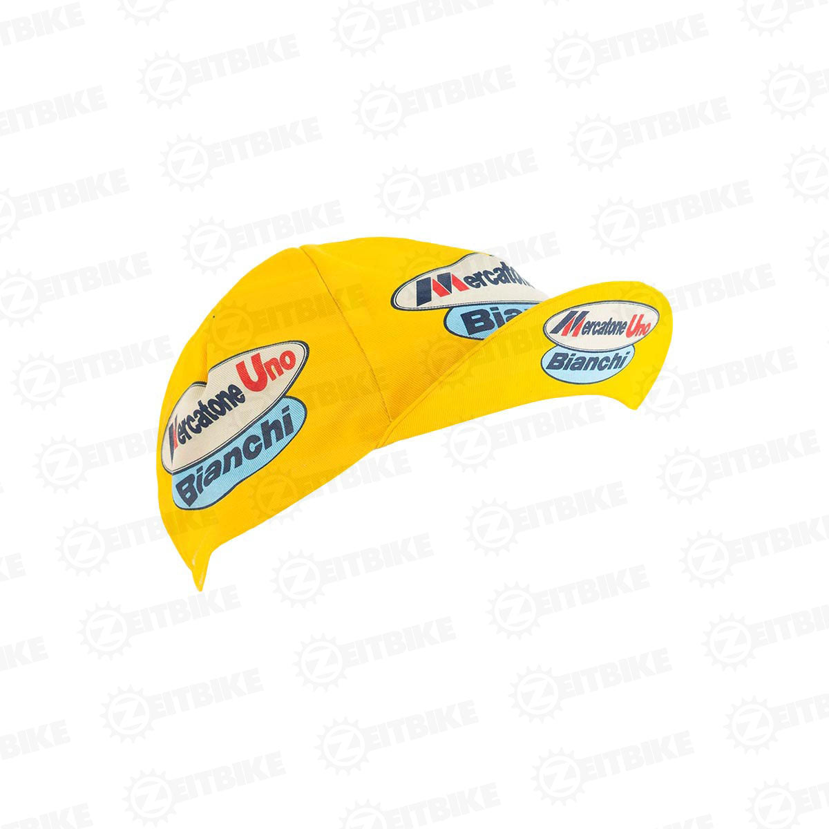 ZEITBIKE vintage cycling cap with Mercatone branding, featuring a classic design and side view of the cap.