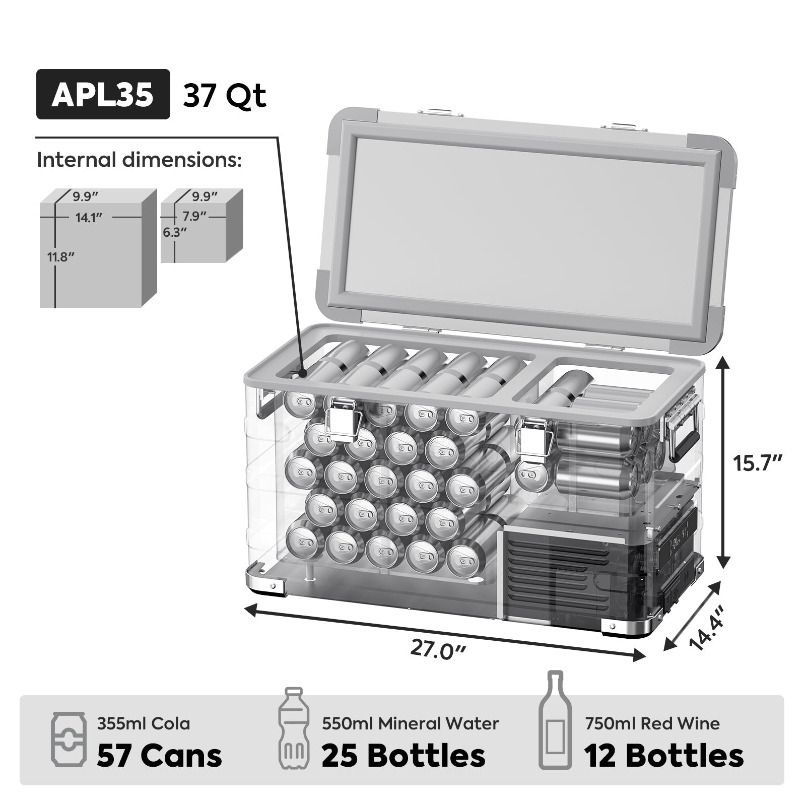 Diagram of the ICECO APL35 Dual Zone Aluminum Fridge refrigerator showing 35-liter capacity and internal compartment layout.