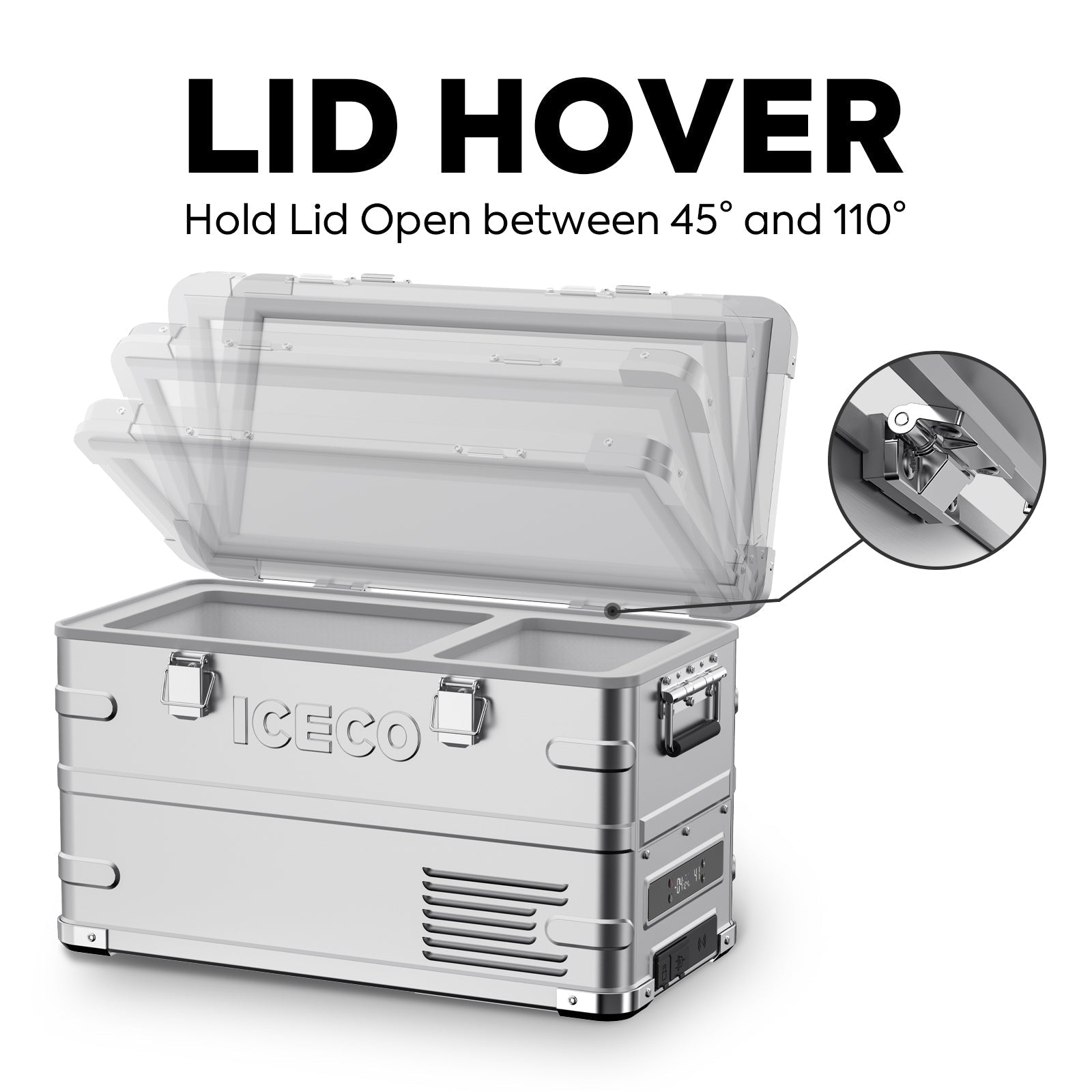 Inca Overland APL35 Dual Zone Aluminum Fridge from ICECO, 35L capacity with lid hover detail in the APL Series.