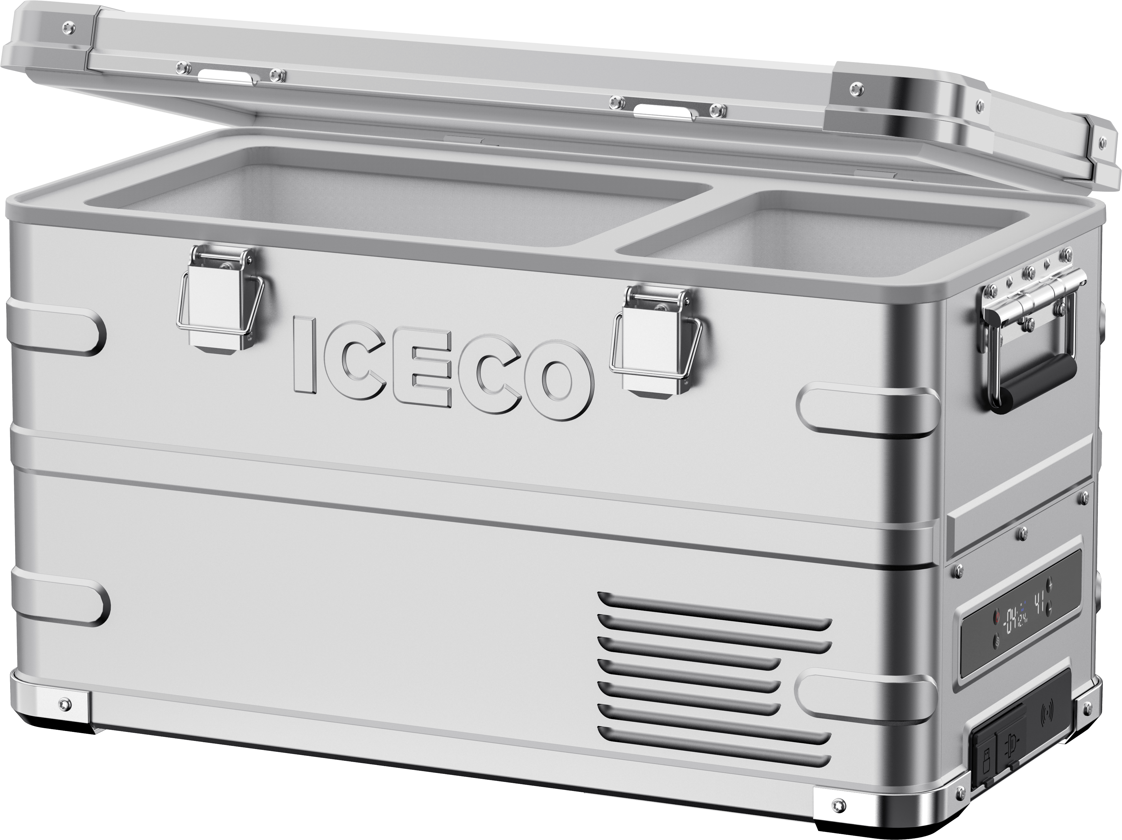 Open APL35 Dual Zone Aluminum Fridge by ICECO, 35L portable refrigerator with dual compartments, durable aluminum construction.