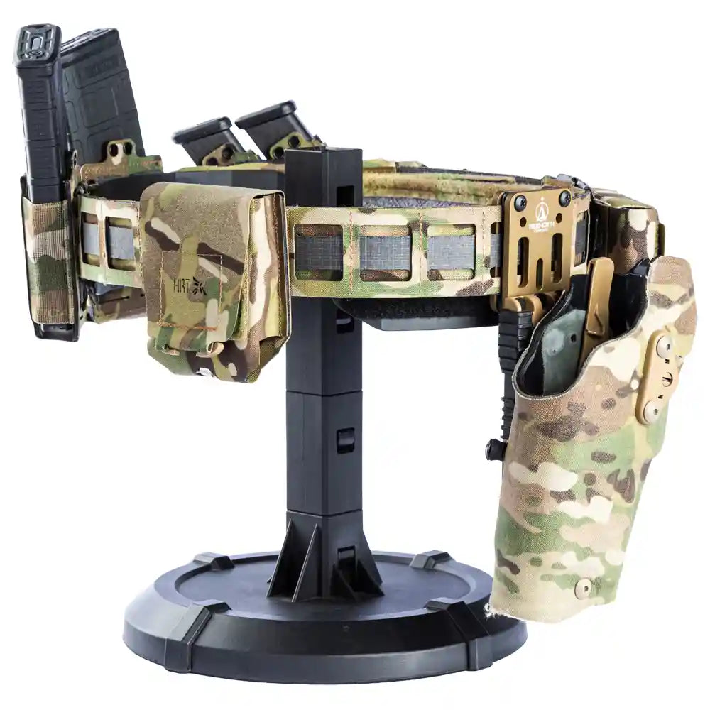HCC Tactical ARC handcuff pouch attached to tactical belt, designed for secure storage of handcuffs in tactical gear setups.