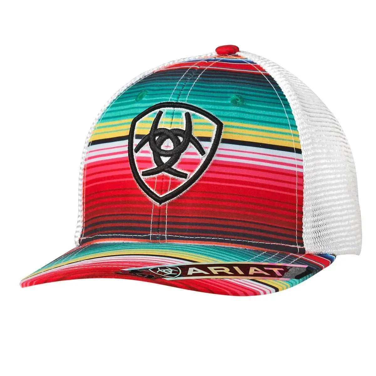 Multicolor ARIAT Bright Stripe trucker cap, casual headwear with vibrant striped pattern, featuring mesh back for breathability.