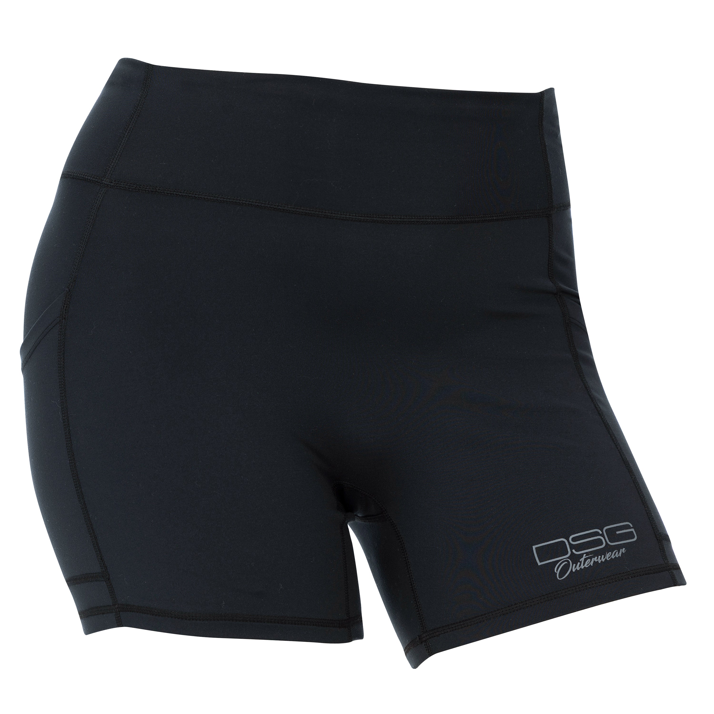 Black DSG OUTERWEAR active shorts shown from the front, featuring a comfortable fit and athletic design for sports and exercise.