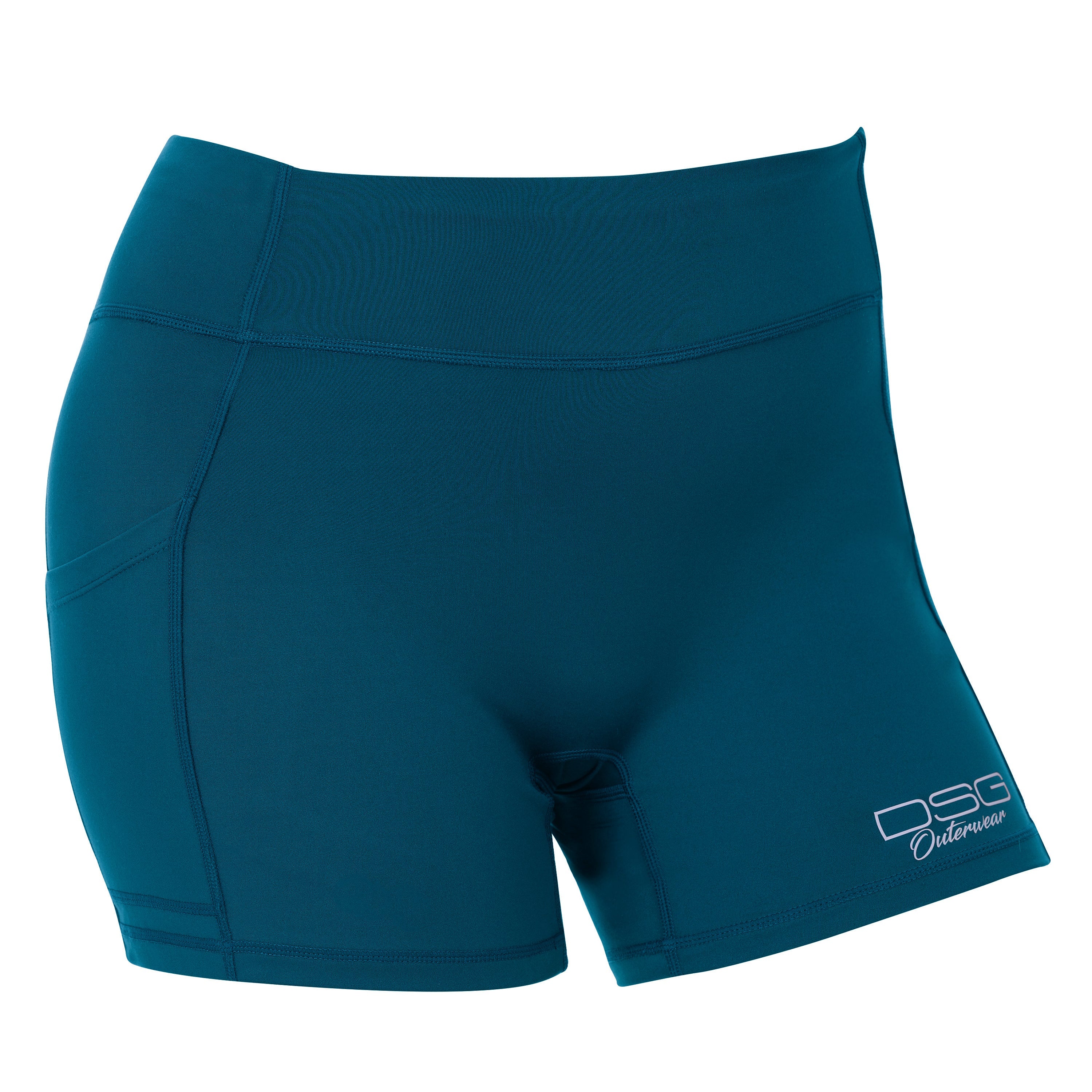 Blue DSG OUTERWEAR active shorts with a front view, featuring a lightweight, breathable design for athletic activities.