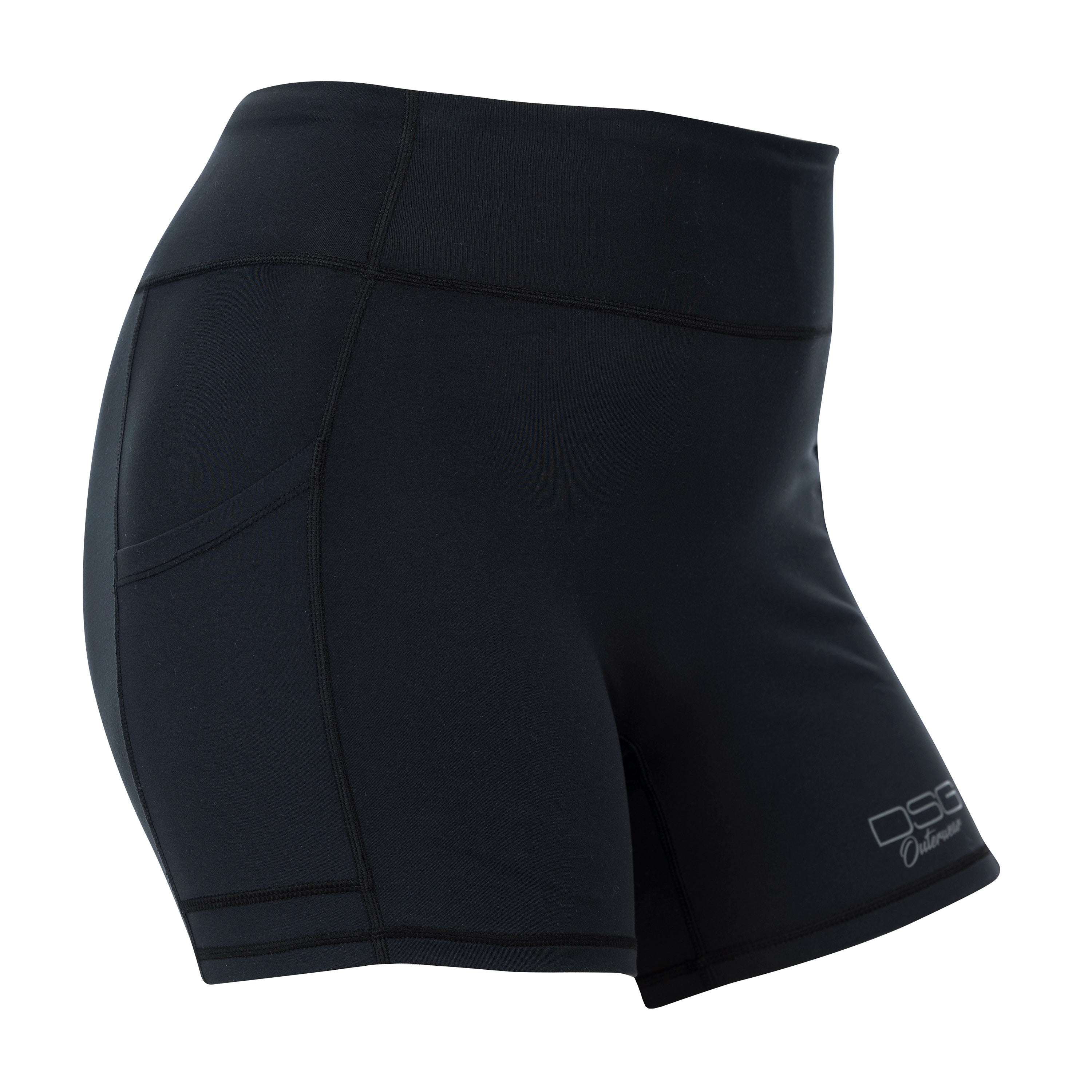 Black DSG OUTERWEAR active shorts shown from the side view, featuring a sleek design suitable for athletic wear.