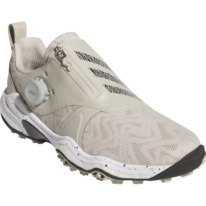 Adidas Codechaos BOA 25 golf shoes in black with white accents, featuring a sleek design and Boa closure system for optimal fit.