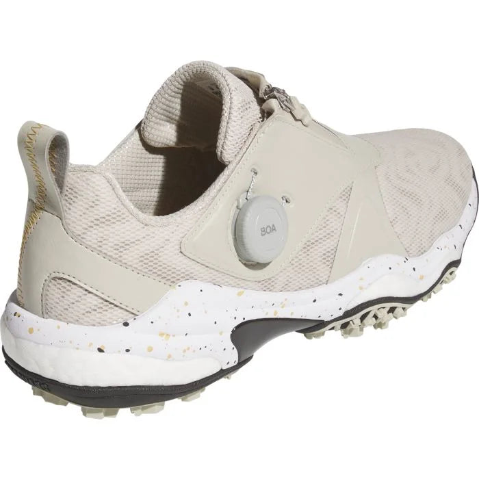 Adidas Codechaos BOA 25 golf shoes in black with white accents, featuring a sleek design and Boa lacing system for a secure fit.