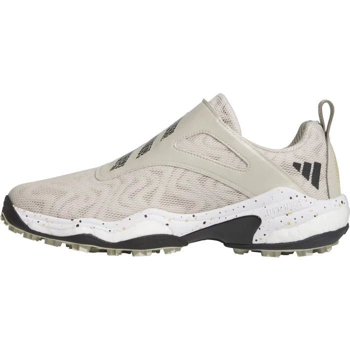 Adidas Codechaos BOA 25 golf shoes with black and white design, featuring sporty styling and Boa dial closure for a secure fit.