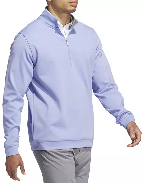 Adidas Elevated Quarter-Zip Golf Pullover in navy, lightweight athletic clothing for men, featuring a stand-up collar and zip closure.