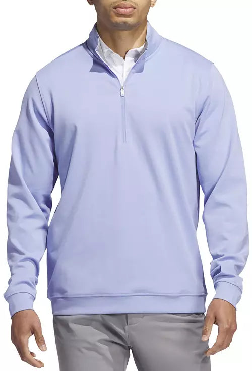 Adidas Elevated Quarter-Zip Golf Pullover in black, lightweight athletic clothing with a stand collar and zip front.