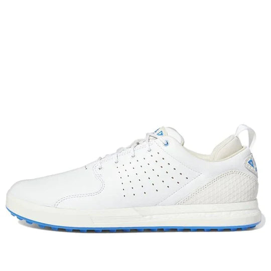 Adidas FLOPSHOT spikeless golf shoes in black with white accents, designed for comfort and traction on the golf course.