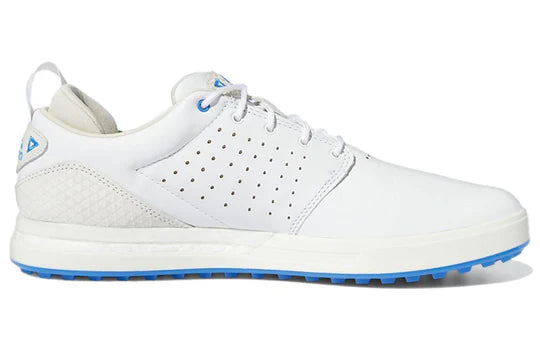 Adidas FLOPSHOT spikeless golf shoes in black with white accents, lightweight and comfortable for on-course play.