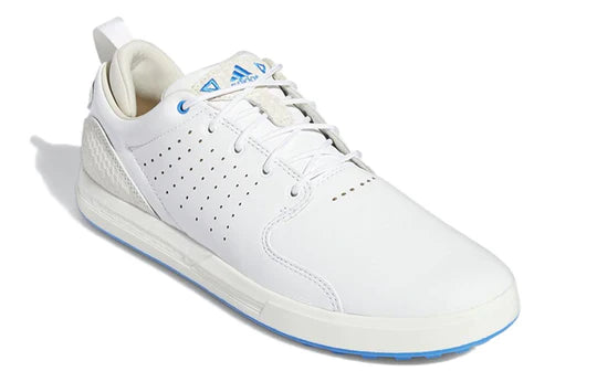 Adidas FLOPSHOT spikeless golf shoes in black with white accents, featuring breathable mesh and cushioned sole for comfort.