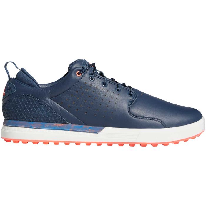 Adidas FLOPSHOT spikeless golf shoes in black with white accents, designed for comfortable grip and style on the golf course.