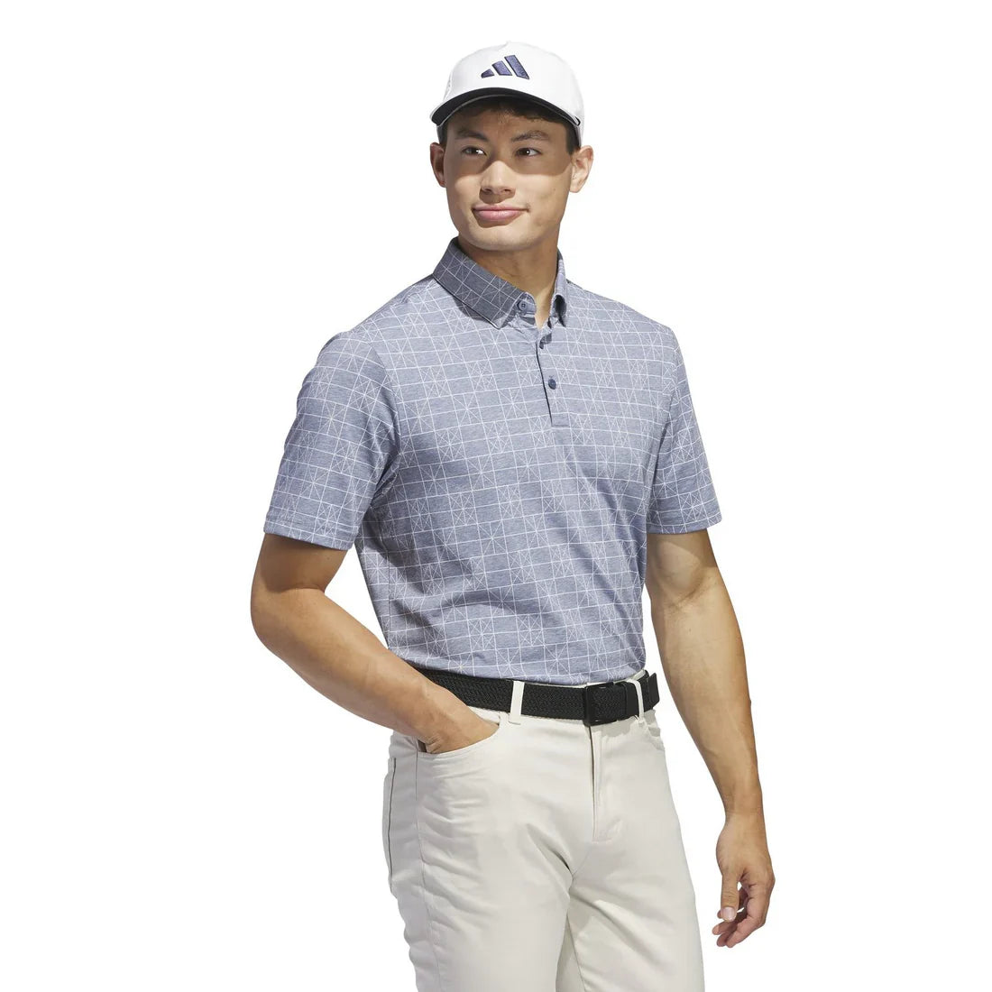 Adidas GO-TO Novelty Golf Polo Shirt in navy with white accents, lightweight breathable fabric, designed for comfortable golf wear.