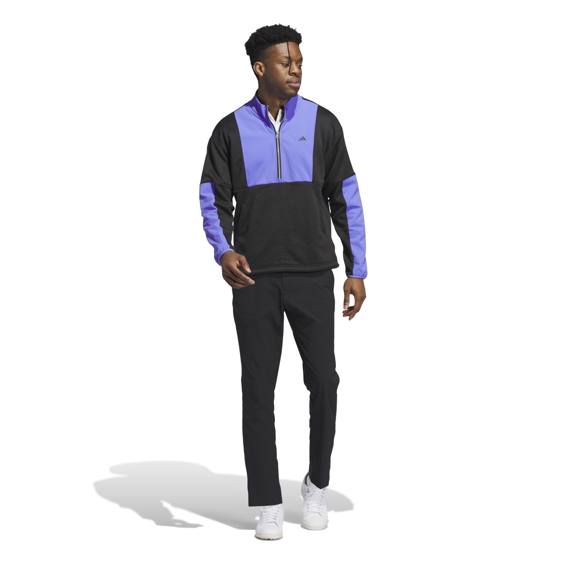 Adidas Go-To DWR Hybrid 1/2 Zip Sweatshirt, a sporty men's clothing item with a half-zip design and water-repellent fabric.