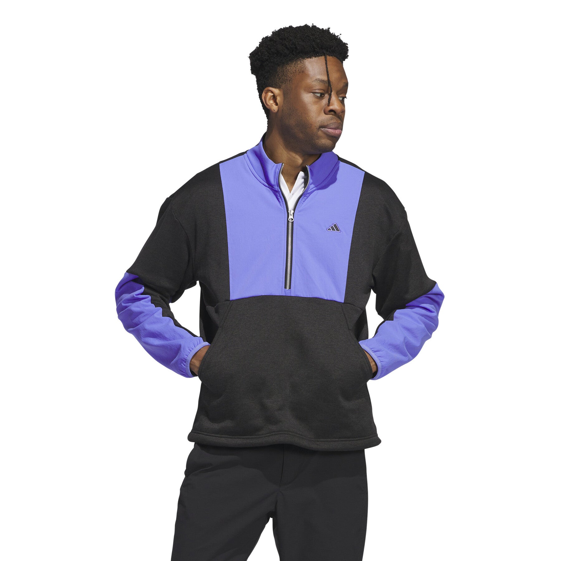 Adidas Go-To DWR Hybrid 1/2 Zip Sweatshirt in navy, lightweight athletic clothing with a half-zip design and moisture-wicking fabric.