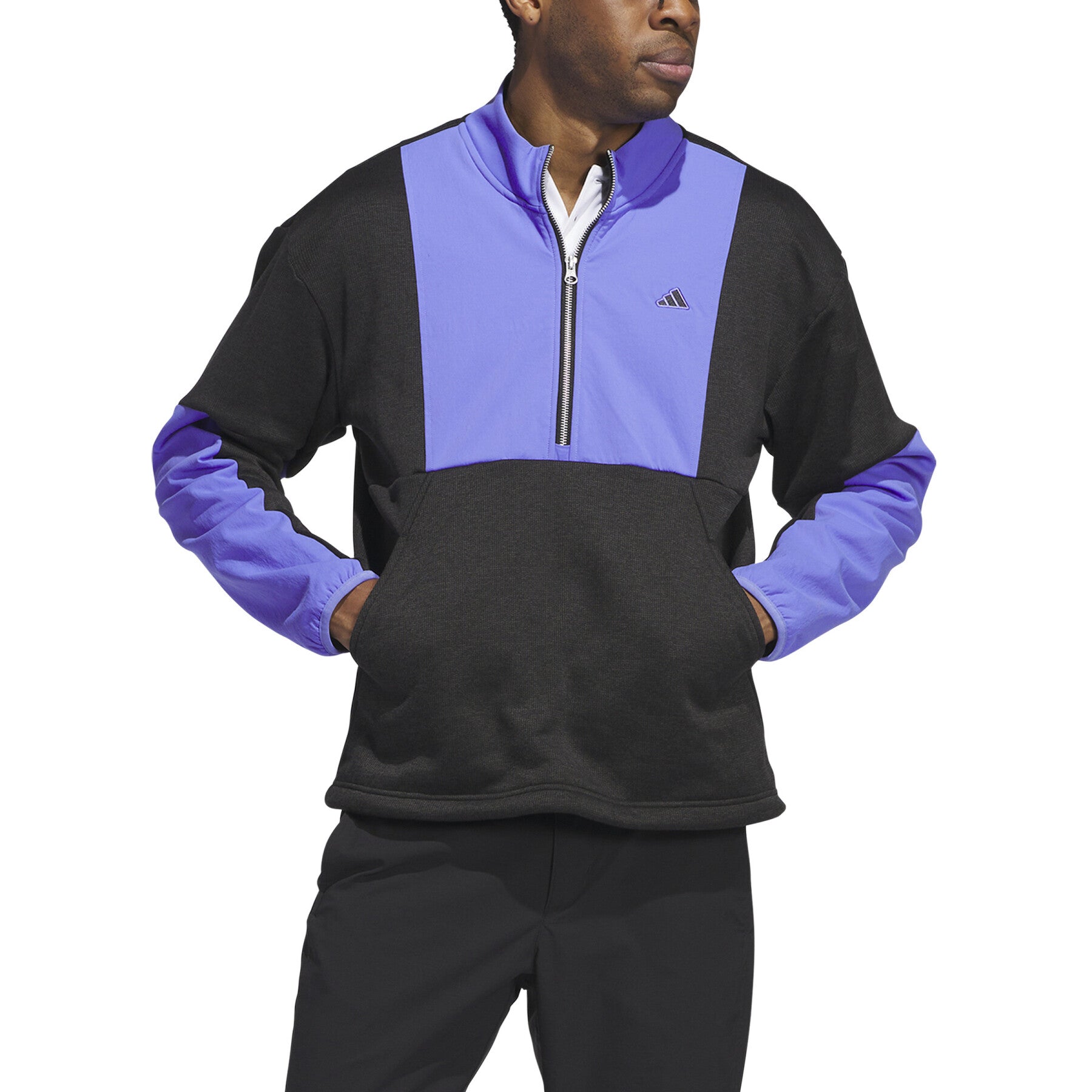 Adidas Go-To DWR Hybrid 1/2 Zip Sweatshirt in gray with a stand collar and half-zip front, designed for comfortable outdoor wear.