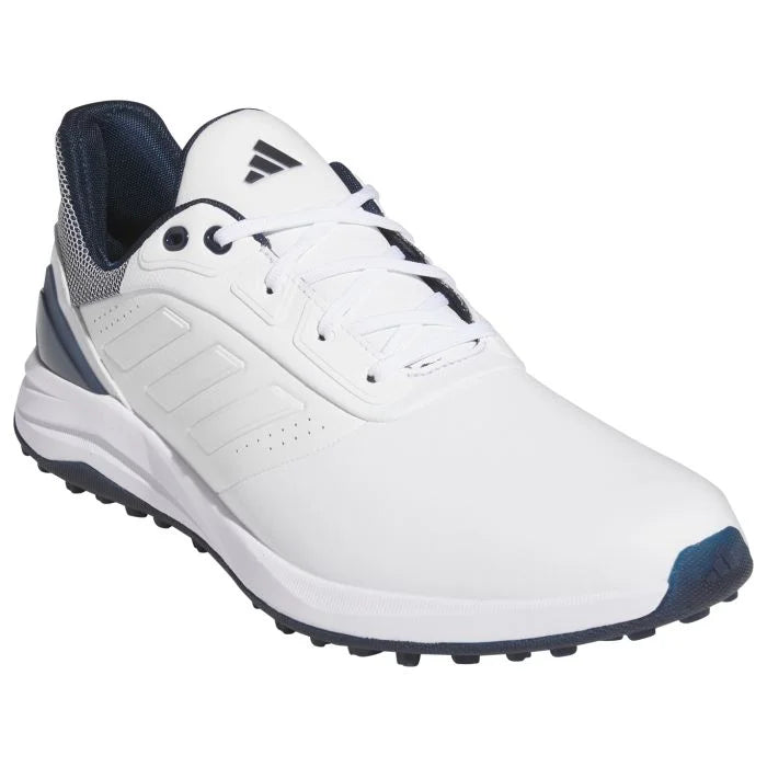 Adidas Solarmotion Spikeless 24 golf shoes in black with white accents, featuring breathable mesh and cushioned sole for comfort.