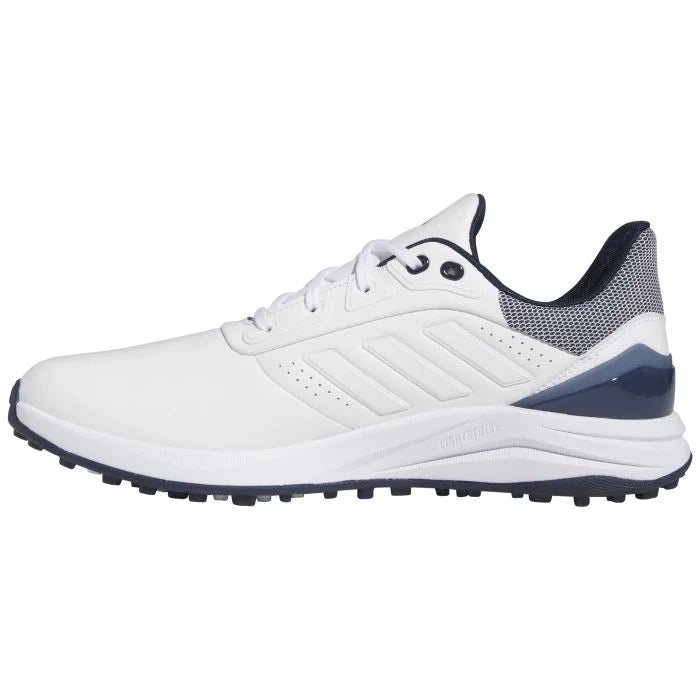 Adidas Solarmotion Spikeless 24 golf shoes in black with white accents, designed for comfort and stability on the golf course.