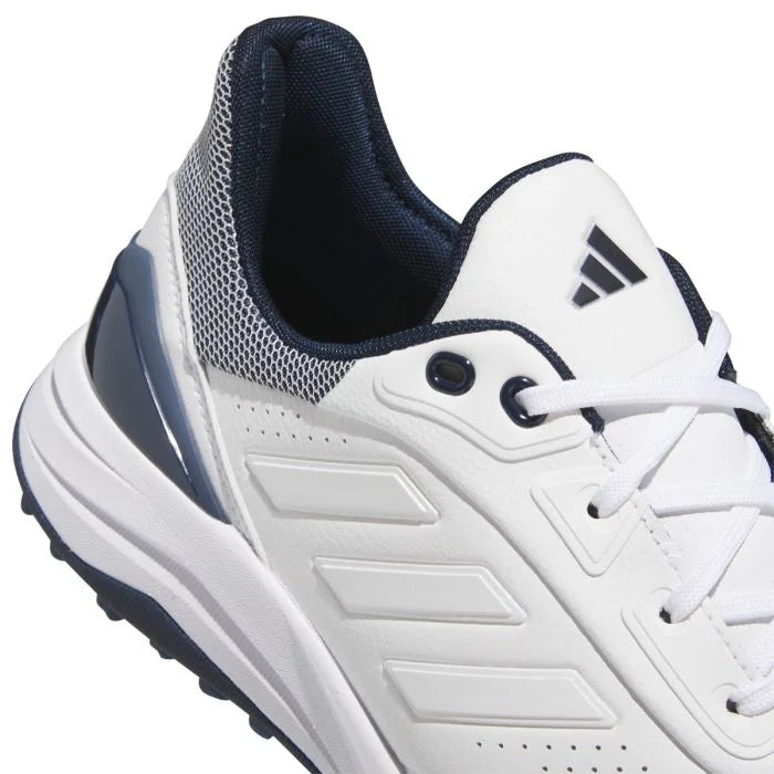 Adidas Solarmotion Spikeless 24 golf shoes with black and white design, featuring breathable mesh and durable rubber outsole.