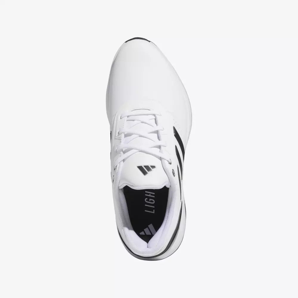 Adidas Solarmotion Spikeless 24 golf shoes in black with white accents, lightweight design, and breathable upper for comfortable play.