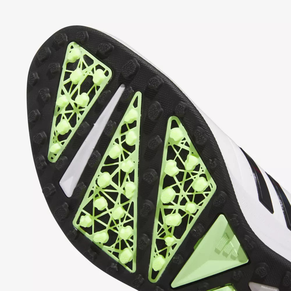 Adidas Solarmotion Spikeless 24 golf shoes in black with white accents, featuring a breathable upper and flexible sole for golf.