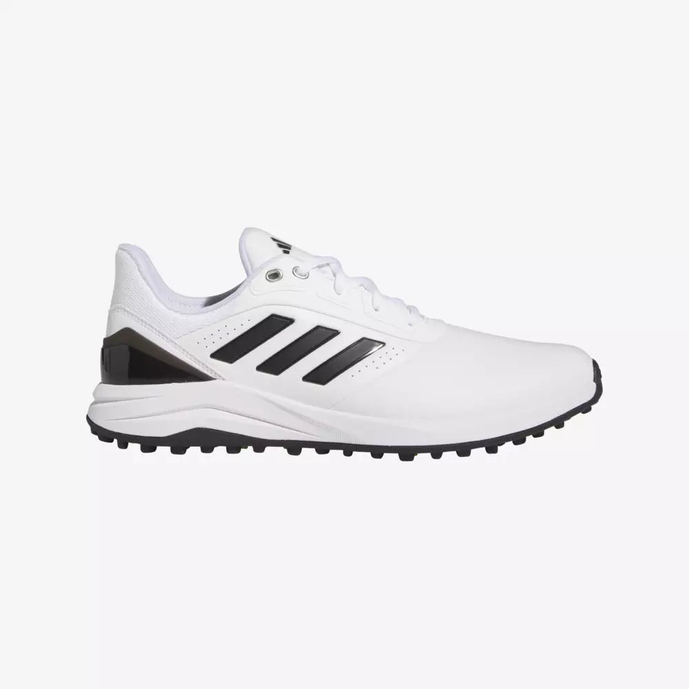 Adidas Solarmotion Spikeless 24 golf shoes by ParWestGolf, showing the black and white sporty design with breathable fabric and grip sole.
