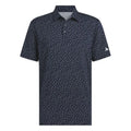Blue Adidas Ultimate365 allover print golf polo shirt with short sleeves and collar, showcased on a plain background.