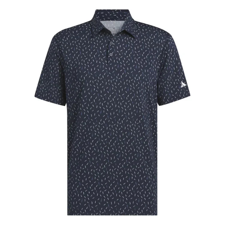 Blue Adidas Ultimate365 allover print golf polo shirt with short sleeves and collar, showcased on a plain background.