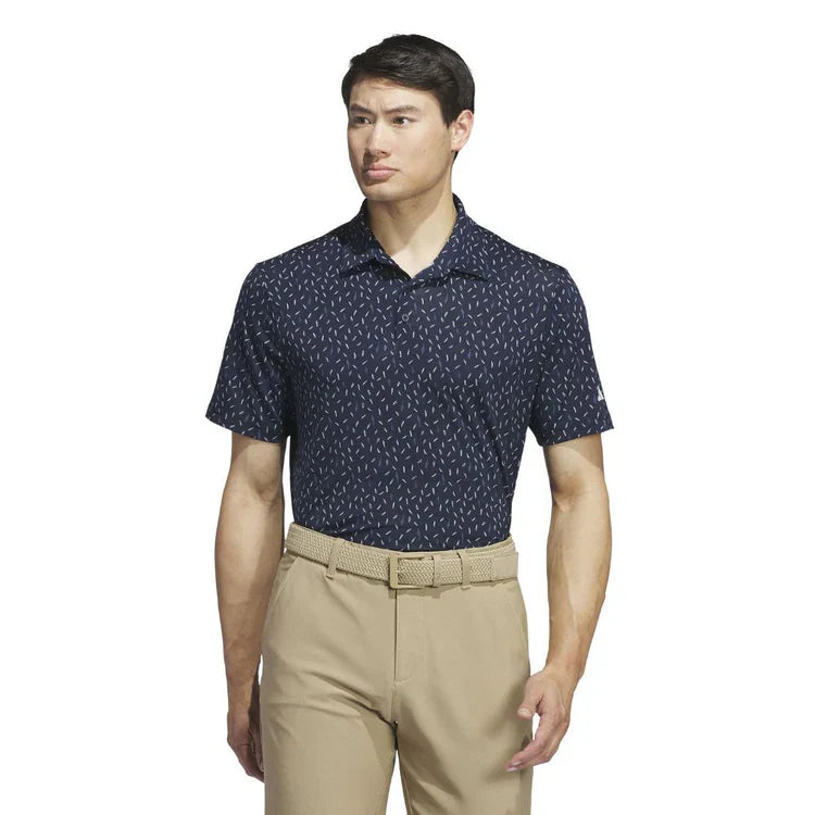 Adidas Ultimate365 allover print golf polo shirt in vibrant design, made by ParWestGolf, shown flat on a white background.