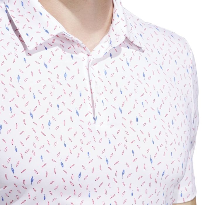 Adidas Ultimate365 allover print golf polo shirt in vibrant fabric, featuring a classic collar and short sleeves, worn by a model.