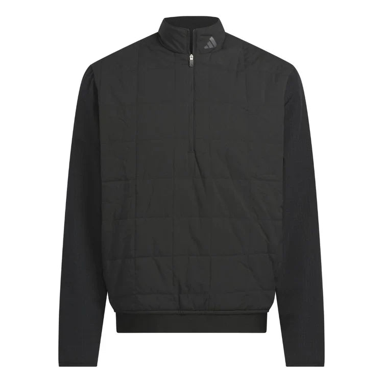 Adidas Ultimate365 quilted DWR half-zip pullover in black, lightweight golf clothing with a stand collar and zip closure.