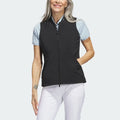 Adidas Ultimate365 Tour Frostguard golf vest in black and gray, lightweight weather-resistant clothing for outdoor golf.