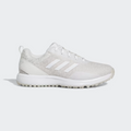 Adidas women's S2G golf shoes in white and black with sporty design and breathable mesh upper, suitable for golf course wear.