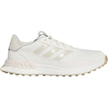 Adidas women's S2G spikeless golf shoes with white and blue design, lightweight and comfortable for on-course play.