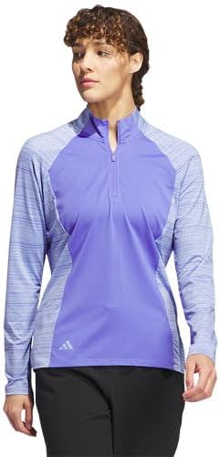 Adidas Women's Ultimate365 quarter-zip golf top in black, lightweight athletic clothing with long sleeves and a stand collar.