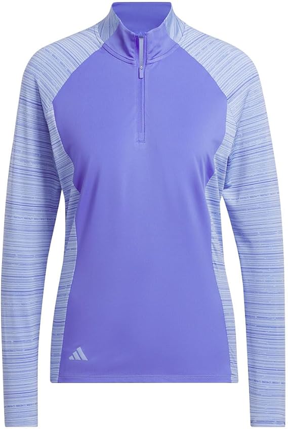 Adidas women's Ultimate365 quarter-zip golf clothing, shown in a stylish athletic design, perfect for activewear and golf attire.