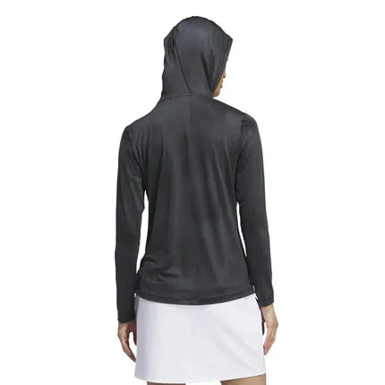 Adidas women's Ultimate365 printed hoodie in black with colorful graphic design, casual athletic clothing for women