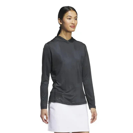 Adidas women's Ultimate365 printed hoodie in black with colorful graphic design, soft fabric, and relaxed fit for outdoor wear.